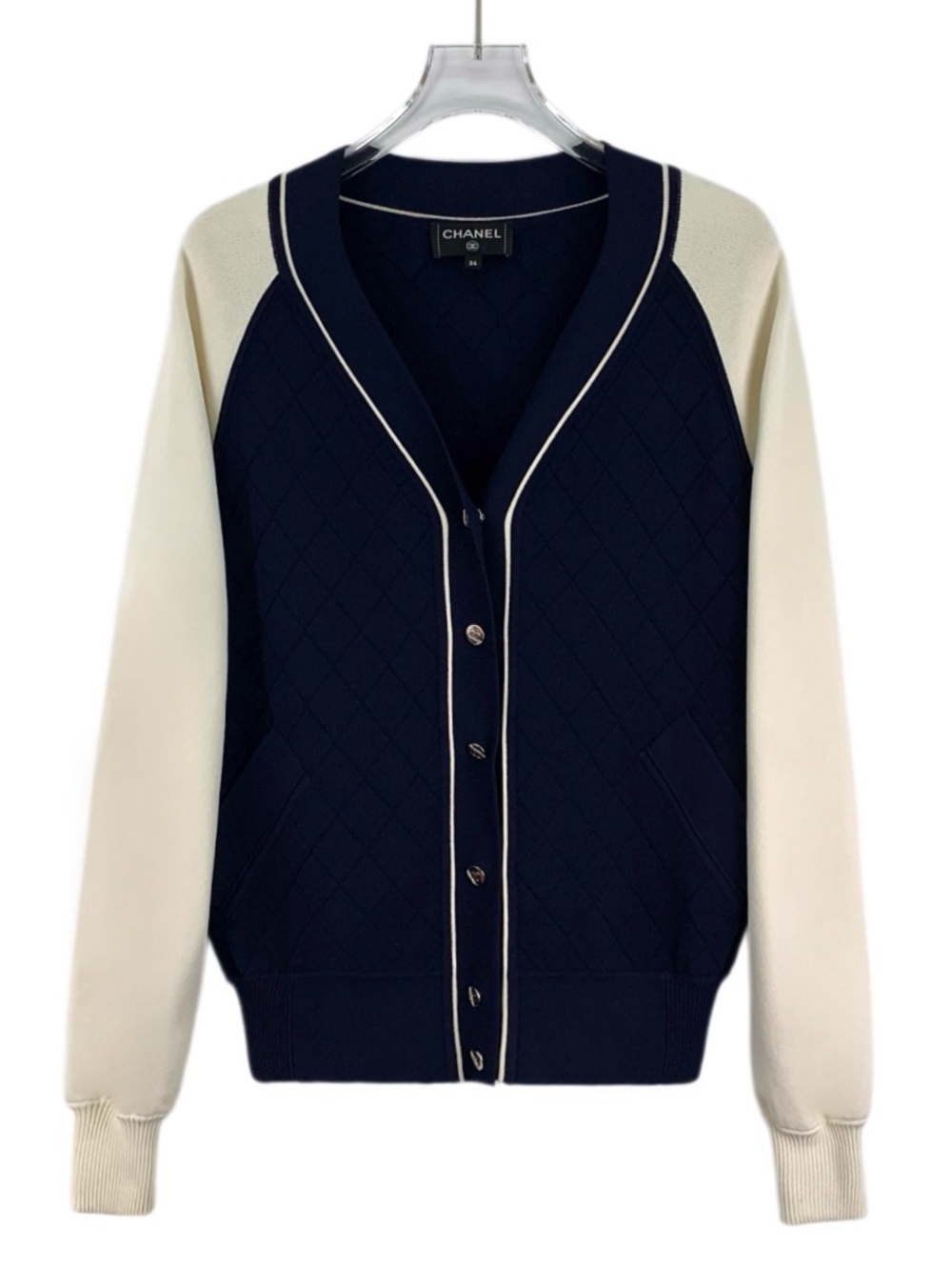 Chanel Navy Diamond-Quilted V-Neck Single-Breasted Long-Sleeve Knit Cardigan